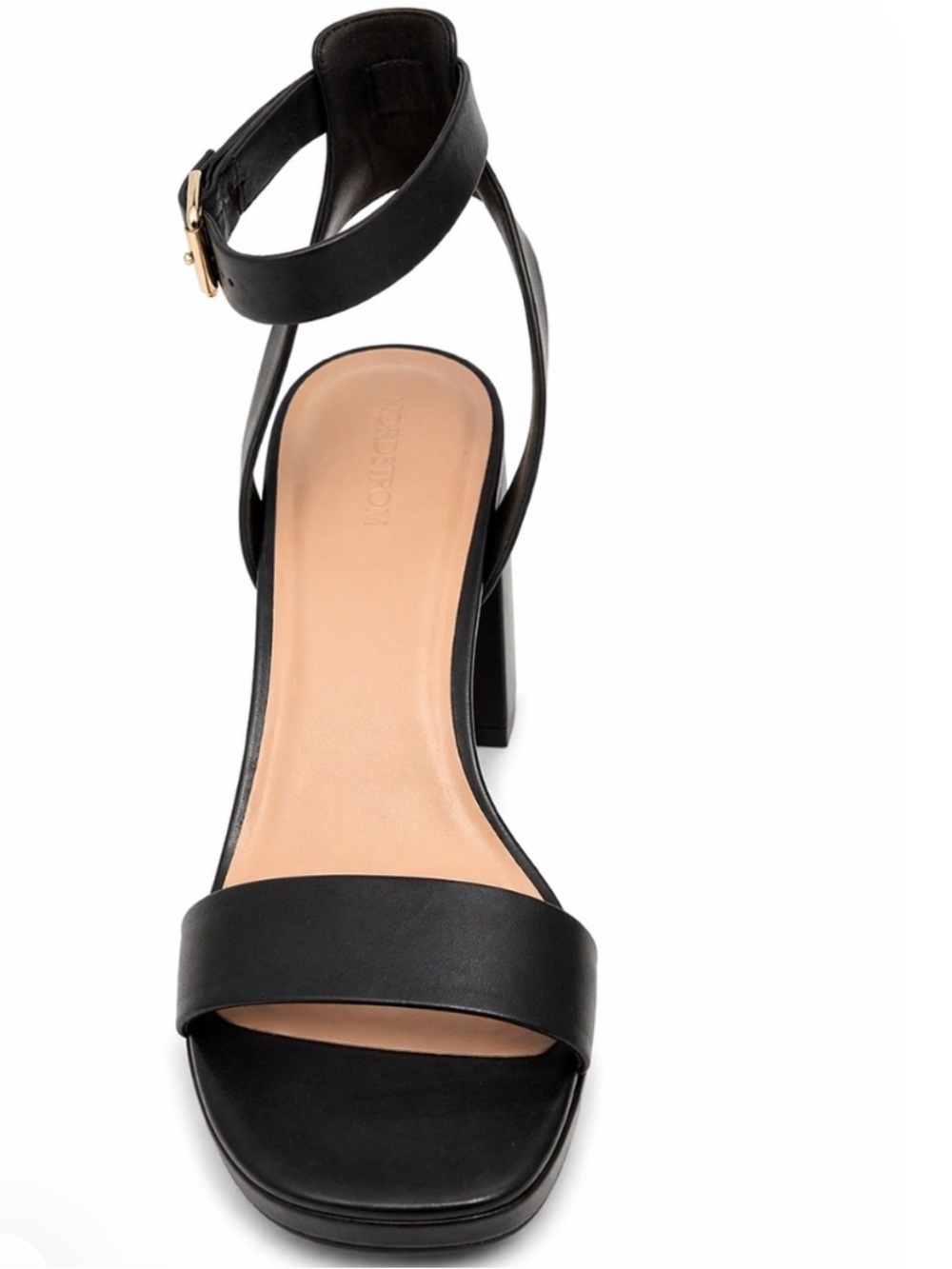 Nordstrom Black Ankle-Strap Block Heel Sandal with Gold Buckle